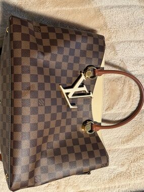 Louis Vuitton Brown Checkered Satchel with Gold Hardware